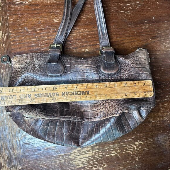 Crocodile-Embossed Brown Leather Conceal Carry Handbag By Hidesign Double Handle - Picture 2 of 14